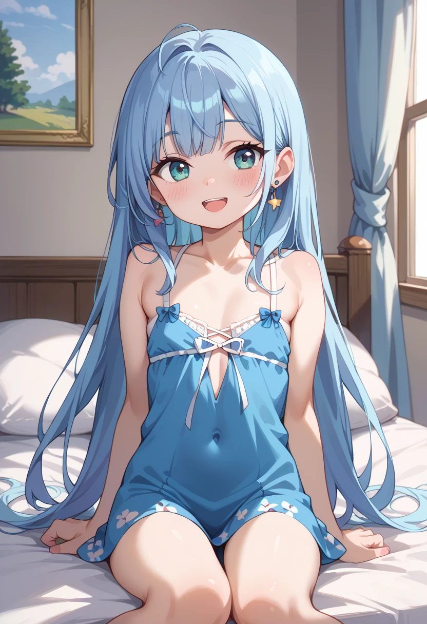Long silver hair, green eyes, headband, necklace, arabian clothes, flat chest, smile, happy, beautiful thighs, inside house