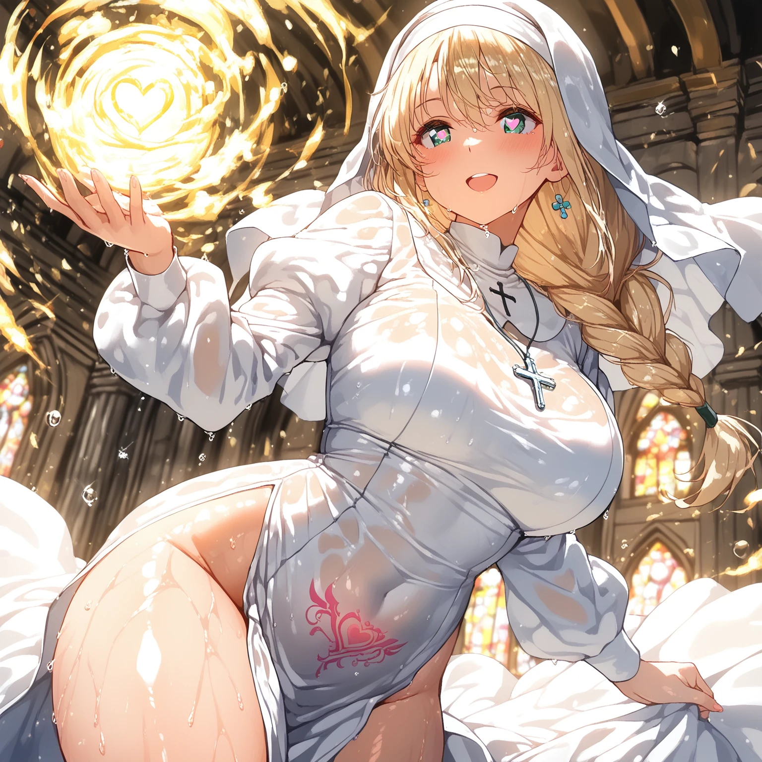an extremely beautiful 22 year old woman, , 160cm, long pale blond hair, bangs, violet eyes, a voluptuous figure, large breasts (white nun's outfit with thigh slit) In a medieval church, magic, innocent smile , flushed face,