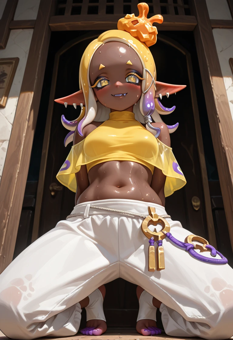 grass field background, Soraka_Classic, yellow_sclera, body_tattoos, Cel Shading, 3D Animation, midriff, (wearing a small and short thong loincloth), petite. slim, (no underwear), (skimpy crotch), barely hidden mound, stretching, (sexy loincloth), view from below,