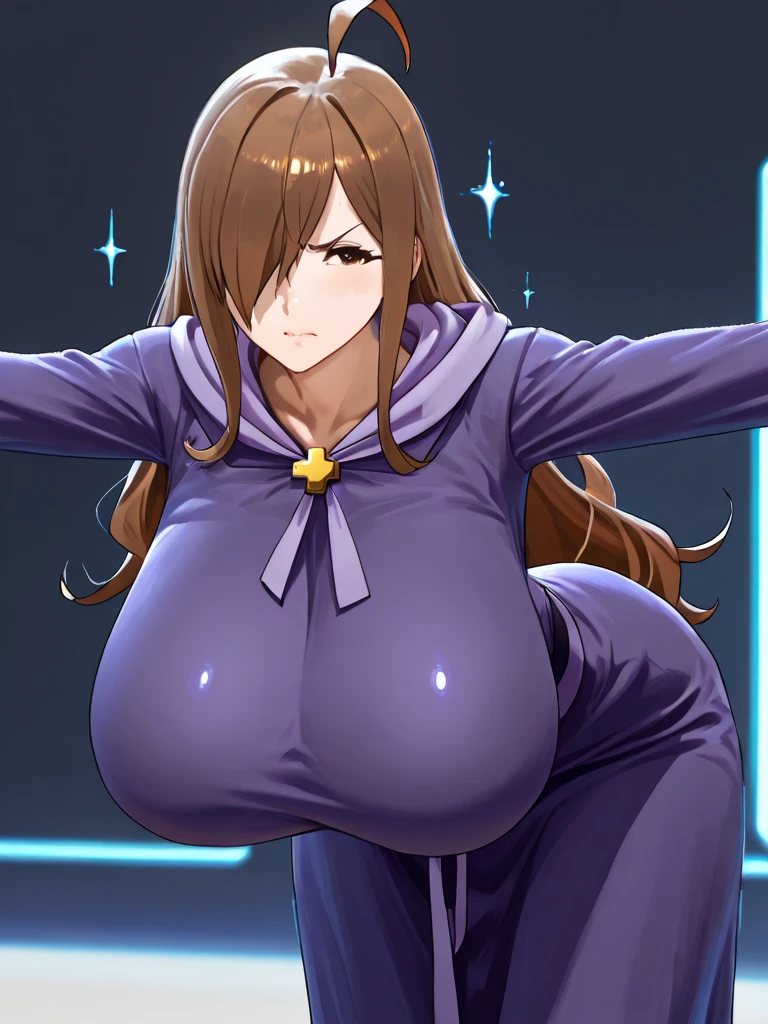 takeda hiromitsu style, ,reddish brown hair,Anime Cel Style, highest quality, High resolution,put your hands behind your head,Crab crotch,spread one'feet, (huge breasts:1.4), blush, embarrassing, smile,Full body latex suit,My whole body is sweaty,big breasts,big ass,big thighs,reddish brown long hair,mole under eye,red glasses,mole under eyeがある