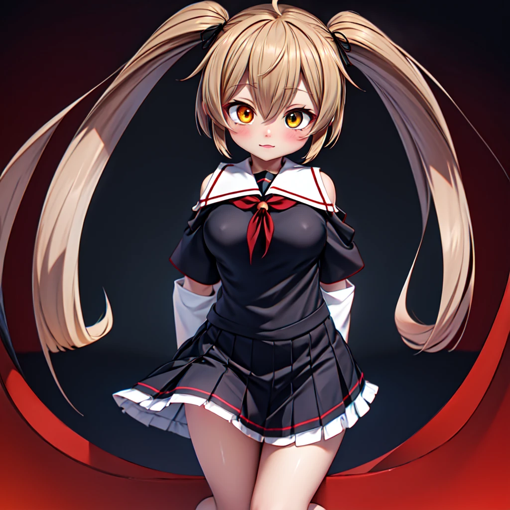 1girl, ,little_girl,ruby, blonde hair, twintails, bangs, red eyes, very long hair, crystal bunny ears, futuristic rabbit ears, wide sleeves, short jacket, open jacket, suspenders, futuristic outfit, bubbles, a space background in the background, 1girl, solo, skirt, blonde hair, long hair, navel, very long hair, white background, pleated skirt, long sleeves,