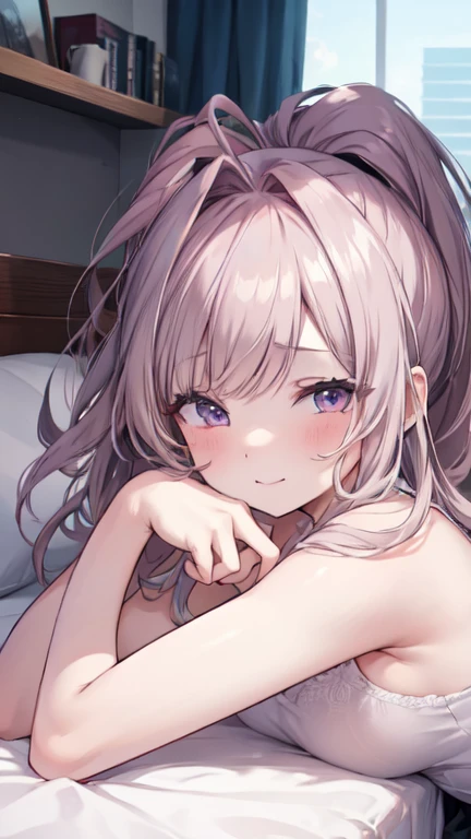 1 girl, ((Girl is short, cute, beautiful, attractive)), ((Girl has a giant dick)), ((Girl has purple eyes)) ((Girl has very long white hair)), ((Girl is naked )), ((Living room, on sofa))((Blurry Background)), ((Girl is biting lower lips, blushing)), ((Girl is stroking her dick)), 8k, masterpiece