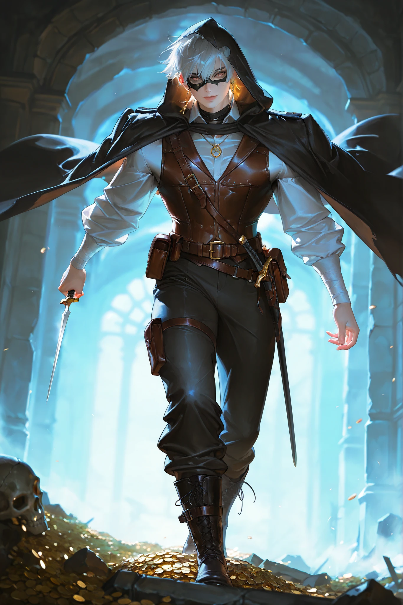 (tangobat:0.7),(Sakimichan:0.7),(High CT quality,4k,High resolution,main piece:2.3),(Very detailed,Realistic:1.37,Best quality,masterpiece, high resolution,on_body), (Tyndall effect,photorealistic, Edge lighting, Two-color lighting),(high definition skin:2.3), (8K UHD, DSLR quality, soft lighting, high quality, surround lighting, sincere, de 8K , 4K, 8K.) (young male/ boy character)
The young guy is an adventurer. He has pale white skintone.  he has ash-gray short fluffy hair.  he has ivory eyes. He has a skinny male physique. He is a professional thief,a cheater,a scammer, a burglar, a trickster. he dressed in his classic outfit:: a loose-fitting shirt with long sleeves,short leather vest, trousers,hip-high boots, a belt with a pouch and a shoulder strap with scabbard for his dagger-blades. He has a pendant around his neck and a gold earring in his ear. He has a burgundy hooded cloak on his shoulders. He has a rag black half-mask on his face. He always carries equipment with him: stilettos, scalpels. He has a throwing knife in his hand. In the background: a medieval fantasy world , old dungeon maze, it's stone walls are covered with moss and illuminated by torches. ruins. there is open treasure chest, scattered gold coins.Gems are lying among the skulls on the ground.