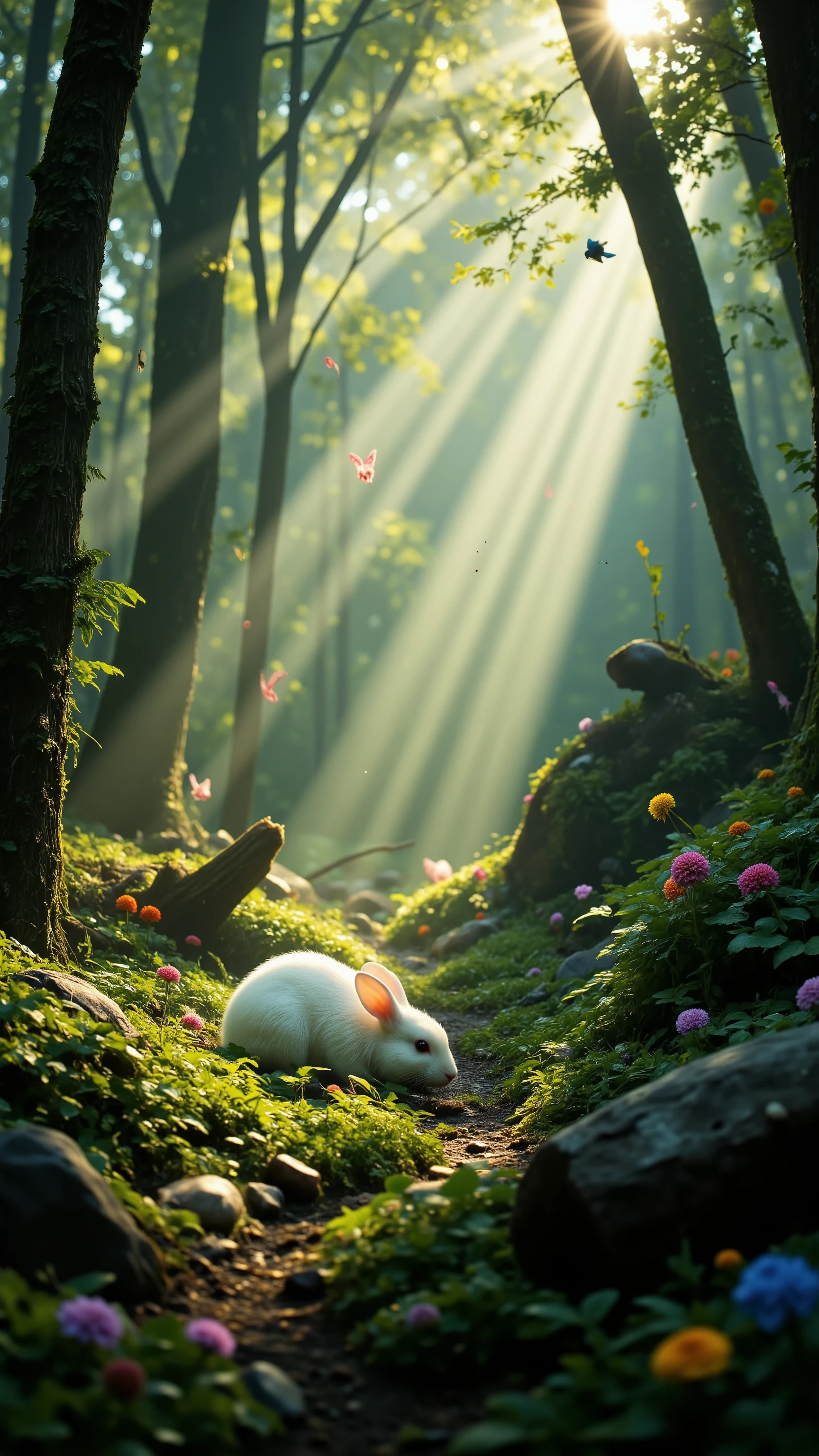 highdefinition images、1匹White rabbits are deep in the woods、Eating food、in a beautiful forest where fairies seem to fly down朝の木漏れ日が薄く差し込む