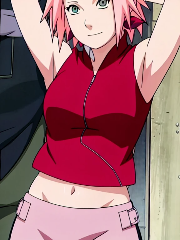 sakura haruno, sakura shippuden, upper body, armpits, showing armpits, ((showing belly)))sleeveless, masterpiece, 1 girl, green eyes, posing, elbow covers, black gloves