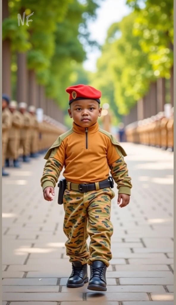 Cute brown baby wearing khaki army camouflage uniform in full body realistic style fashion show