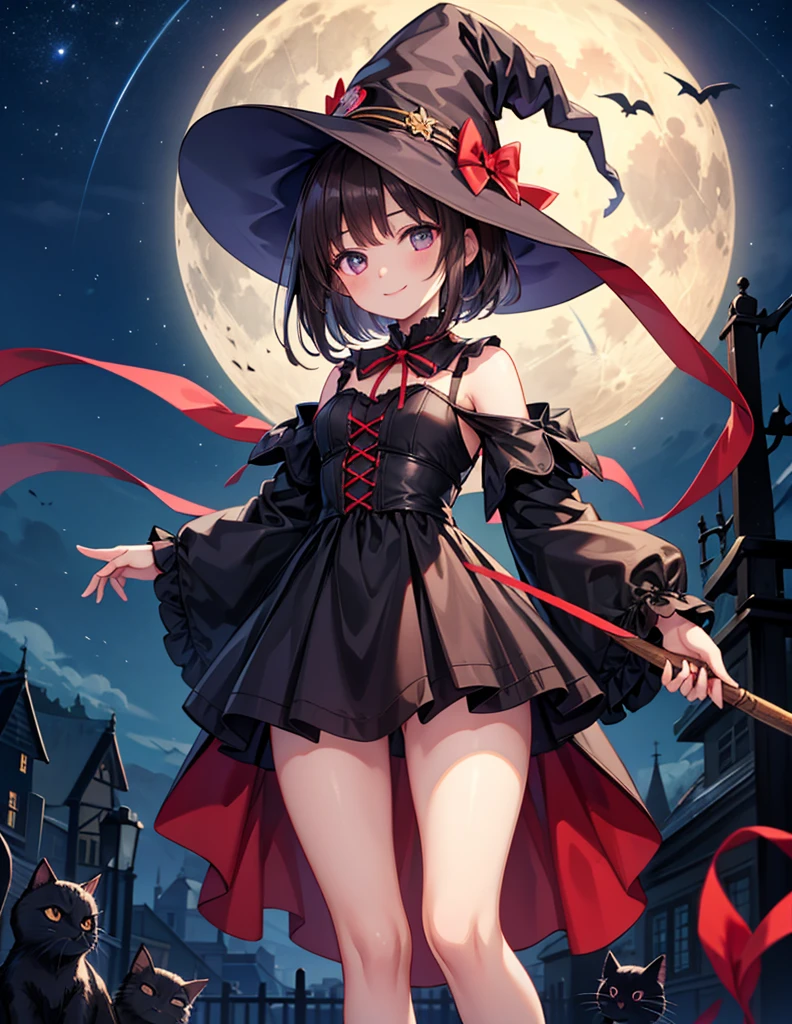 anime girl, tall, short black hair, Bangs are heavy, vampire, red eyes, ((best quality)), ((highly detailed)), masterpiece, absurdres, (detailed eyes, deep eyes), (1girl), cape, Outside at night when the moon shines, dress, frills, The sleeves are wide at the hem, long sleeve shirt, black tie, Stockings, boots