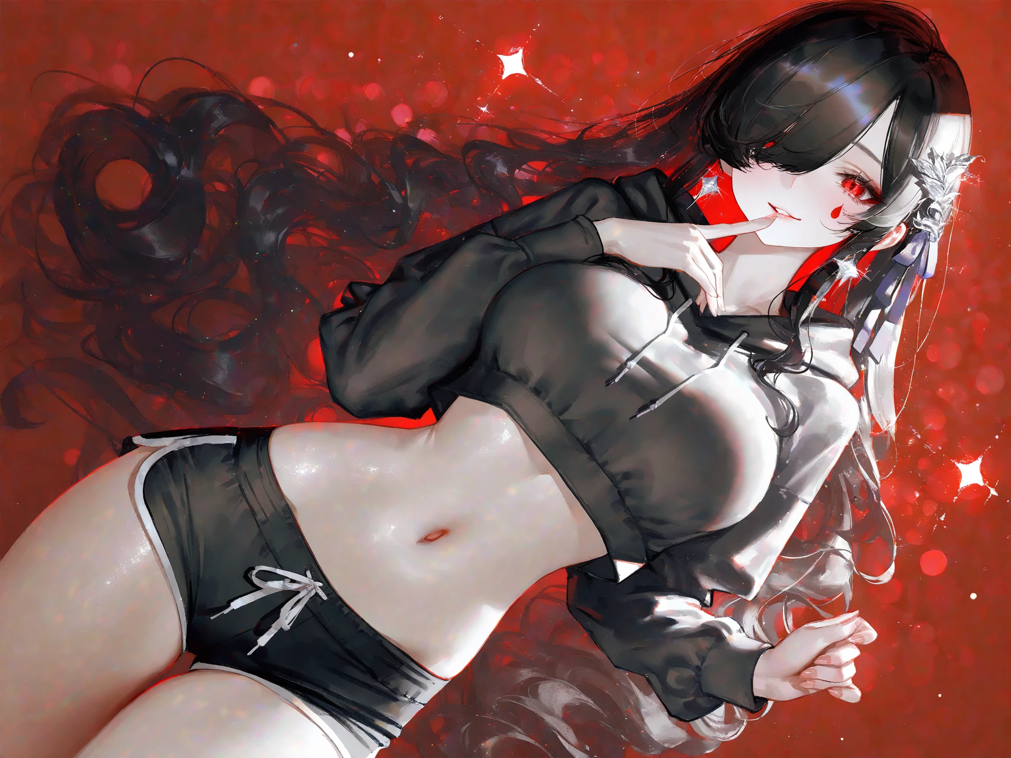 Dark style, black hair, white skin, red eyes, long hair, bangs，Ripped pants，succubus，sitting，Sweat，Soaked，transparent，sofa，Playful