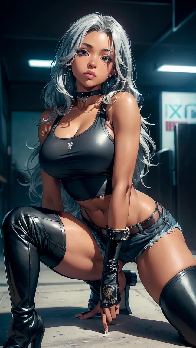 A dark-skinned woman with silver hair in a ponytail, Wearing a black dress shirt and slim jeans, Preparing an eel Showing your belly button