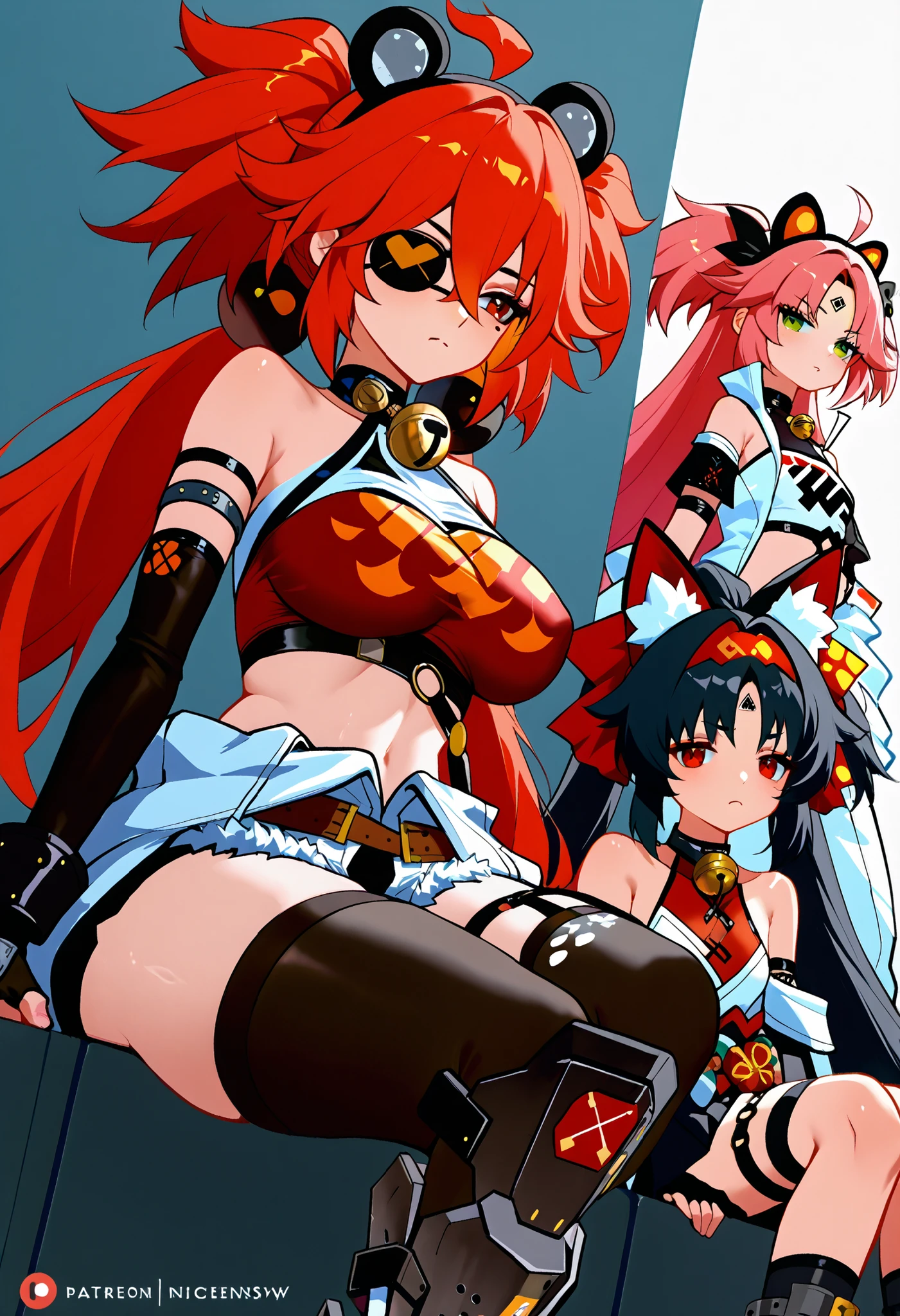 3 kız, solda, koleda belobog, eyepatch, red eyes, red hair, twintails, fake animal ears, flame print, midriff, white jumpsuit, jumpsuit around waist, fingerless gloves,,,. Ortada, NICOLENSFW, GREEN EYES, PINK HAIR, LONG HAIR, TWO SIDE UP, LARGE BREASTS, MOLE ON BREAST, MOLE UNDER EYE, HAIRCLIP,,,,. Sağda, nekomiya mana
neck bell, hairband, two tails, detached sleeves, black thighhighs, ponytail, red leotard, leotard under clothes, black shorts, hair ribbon, mechanical boots, forehead mark