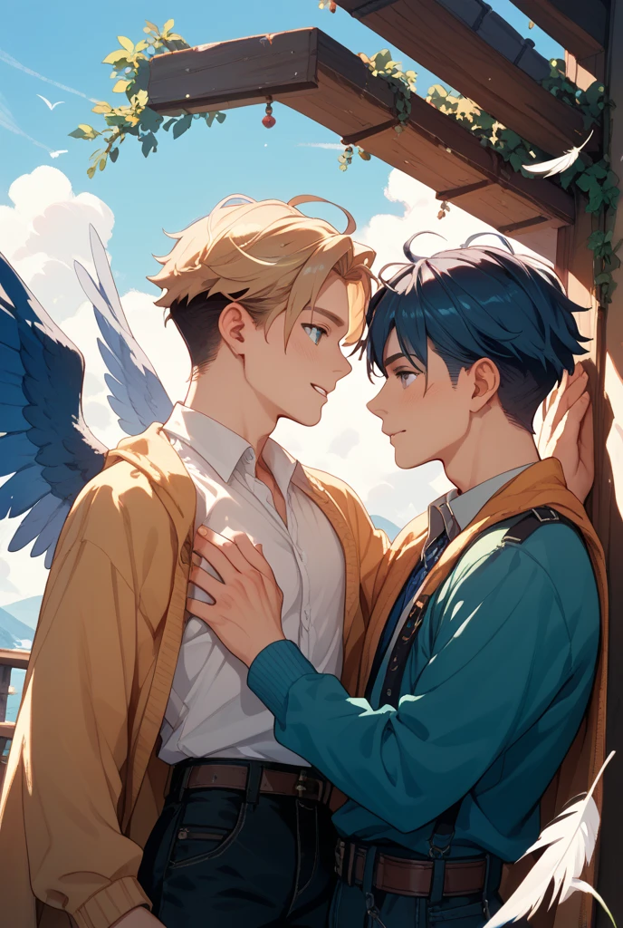 Young man with big white wings brown short hair and yellow eyes, man standing in front of young woman, woman has long working hair, kiss, moon, roof, city 