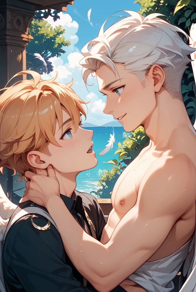 Ultra detailed, HDR, Highres, absurdres, master piece, Hinata Hajime, brown hair, expressive green eyes, without shirt, bare chest, toned chest, Komaeda Nagito, white hair, expressive light gray-green eyes, Danganropa, two sexy man together, handsome, flowers, petals, fantasy, magical, green leaves, handsome, best quality, glittering, sensual, water, beach, gay couple, yaoi