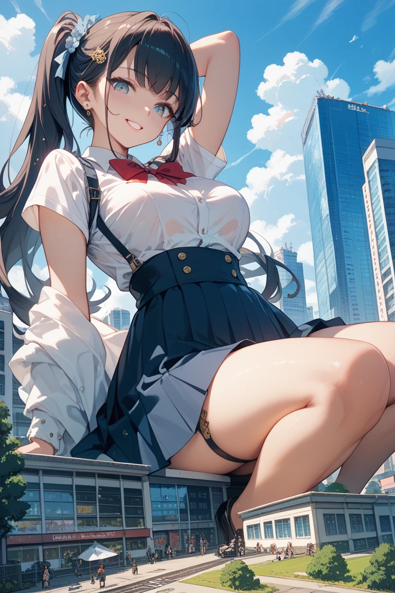 beautiful and clear background, master piece, best quality,
low angle shot, from below, depth of field,
(((1 girl, looking down at viewer, thighs focus))), aroused smile, large breasts, skirt,
city, shibuya