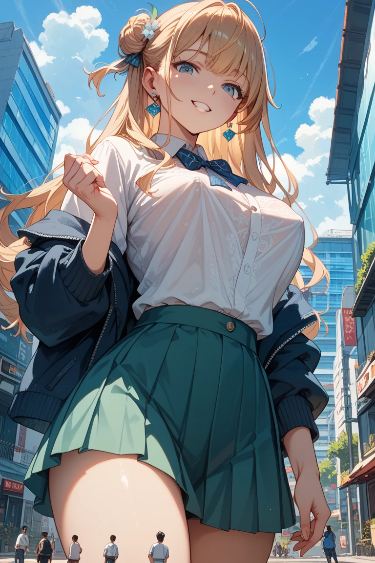 sticking to shirt、Her breasts are visible through her blue and white checked shirt、Blue flared skirt、Lifting her skirt to reveal blue and white stripes々Show off cute underwear、Long haired girl wearing glasses