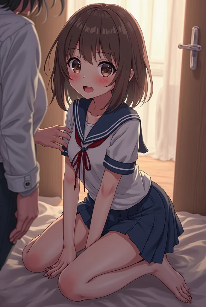 masterpiece, best quality, (one boy and one girl are having sex:1.2), home, on bed, (cowgirl position, squatting, spread legs:1.2), high school student, (plump:1.2), short height, medium length hair, (ahoge:1.0), (brown hair:1.2), brown eyes, hairs between eyes, collared shirt, blazer, pleated skirt, , bow, black thighhighs, (saliva:1.4), (pussy juice:1.5), (sweat:1.2),