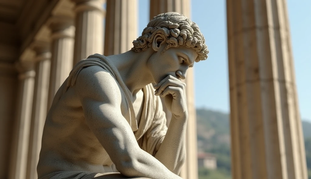 Man with head down thinking in style Greek statues
