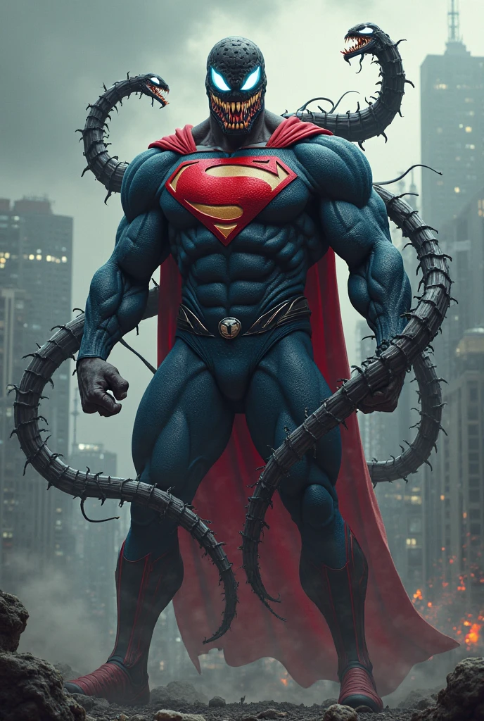 a monstrous carnage symbiote, twisted tendrils coiling around superman's body, epic battle, superhuman strength, intense action, dark and gritty, chiaroscuro lighting, cinematic composition, marvel comics style, dynamic poses, photorealistic, ultra detailed, 8k, dramatic shadows, vibrant colors, muscular male anatomy, strained expressions