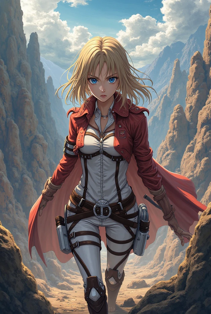 Historia, small breasts, , belt, thigh strap, red scarf, white pants, brown jacket, holding weapon, sword, dual wielding, three-dimensional maneuver gear, damaged cloths, blood in face , beautiful glass field, in the battle field, stunning innocent symmetry face, the perfect body, Average Breasts, Slim waist, Slim legs, (high skin detail:1.4), Yellow eyes,
