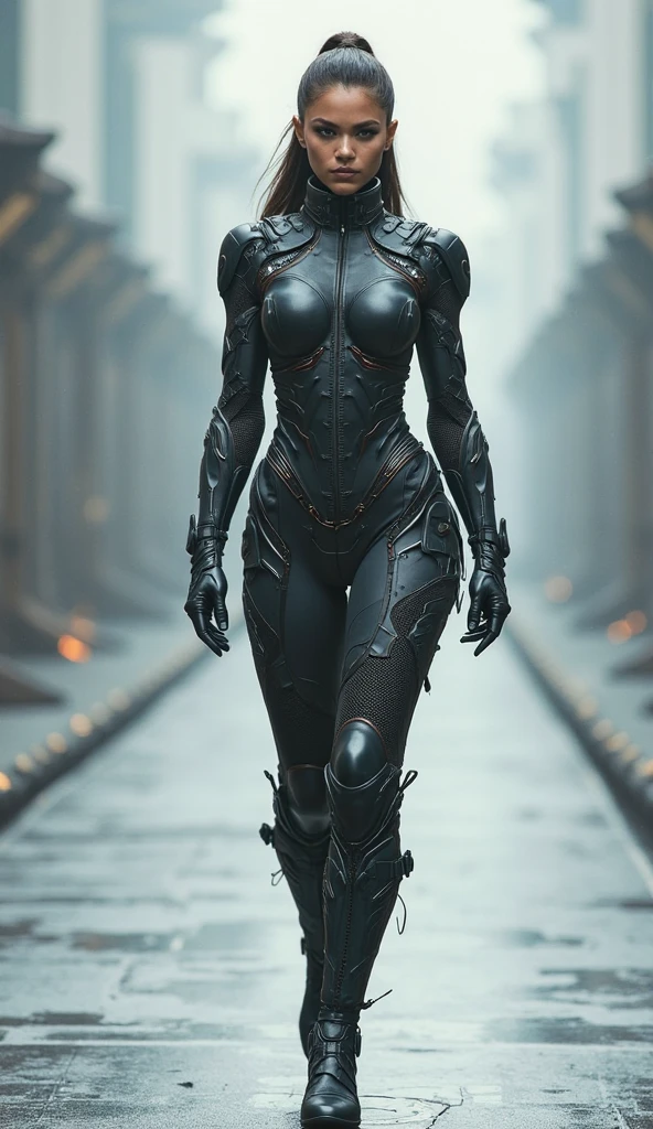 En un ambiente futurista y ciberpunk estilo Blade Runner, captures a medium shot from different angles of a blonde woman dressed in a xenomorph alien style suit, the full body woman is in attack position, Science fiction, hr giger muscles, biomechanical alien, armadura de Science fiction. musculoso, Design h.r. giger , metal torso, alíen xenomorfo