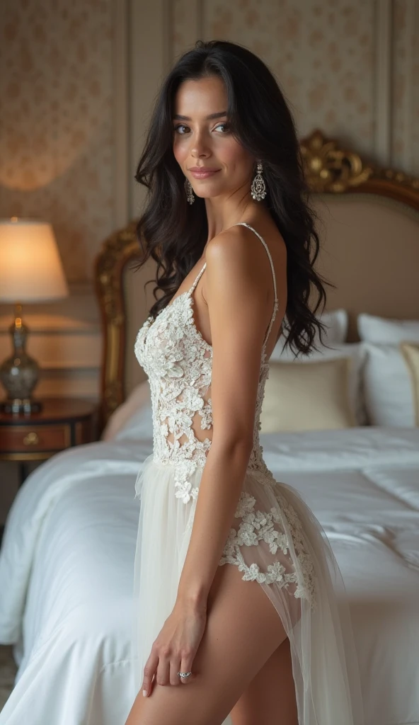 full body posing shot, waivy hair, bit like monica bellucci, smile, updo, wearing an embroidered midi dress Zinnia, deep cleavage, big breast, full body view shot, her breast is big and beautiful,