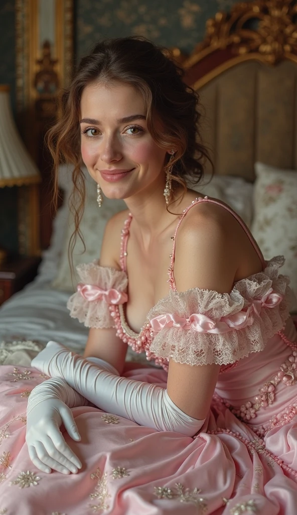 A vintage wooden doll with delicate features and a frilly pink dress, sitting on a plush velvet chair in a Victorian-style parlor, with a mischievous glint in her eyes.