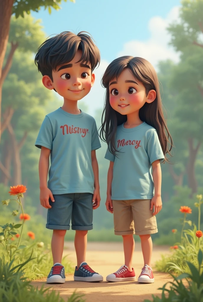 Two babies, non-adults, um boy e outra girl, menina feliz e o menino muito triste, one of them climbing the trees surrounded by a picnic with treats, smile and happy