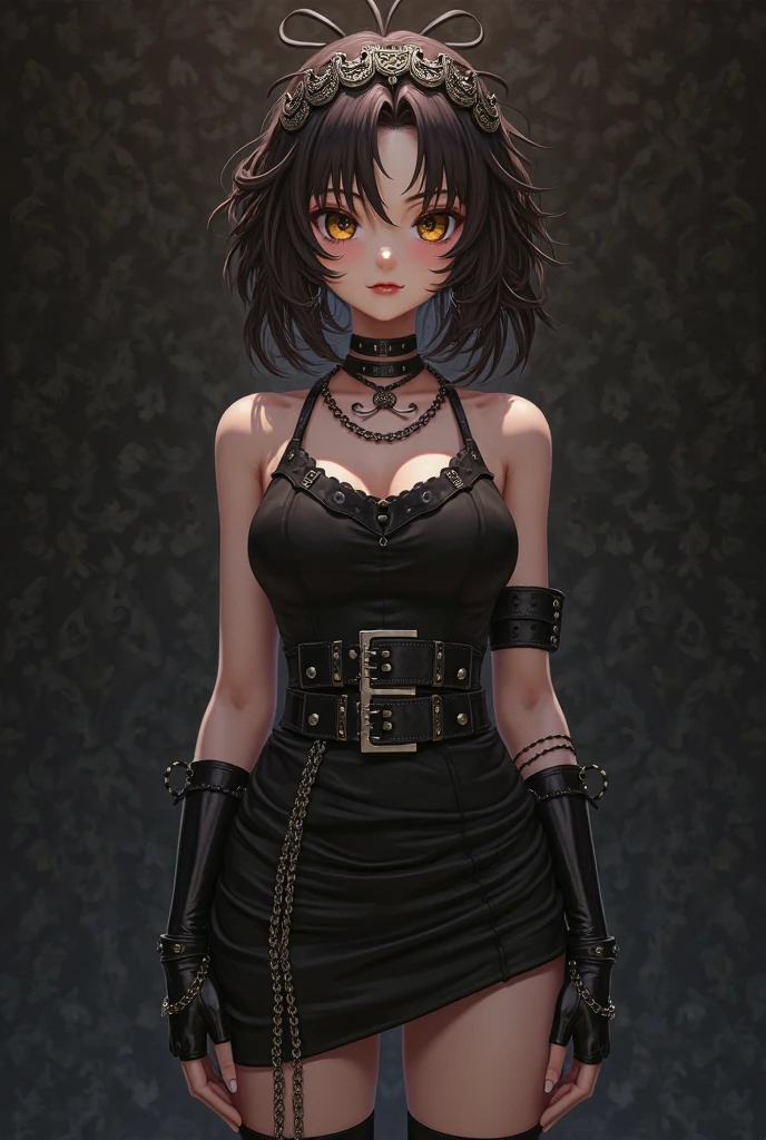 1girl,punk,short hair, black hair, yellow eyes, eyelashes, eyeshadow,(black lipstick:1.2),nose piercing, lip piercing, black dress ,black baggy shirt, (sleeveless), tight black dress, spikes bracelet, standing, looking at viewer, facing viewer, expressionless, hands in pockets, indoors, night, night sky, no sunlight, masterpiece, extremely detailed CG unity 8k wallpaper, best quality,32k,focus sharp