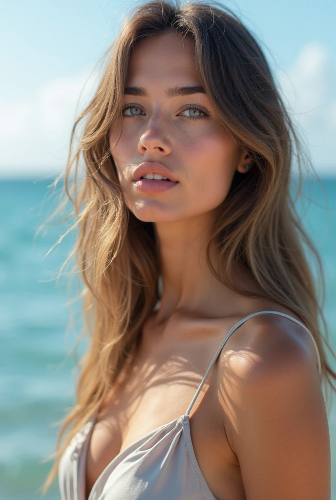 She was a delicate woman with long silky hair that fell in waves over her shoulders. Her eyes, large and piercing, were the color of a clear sky. A graceful face with clean lines, fine features and a soft smile... Her skin was soft. The neckline. perfect detail, HD, 8K quality. Masterpiece, close-up, realistic photo, intricate details, sexy photo. She was wearing a blouse.