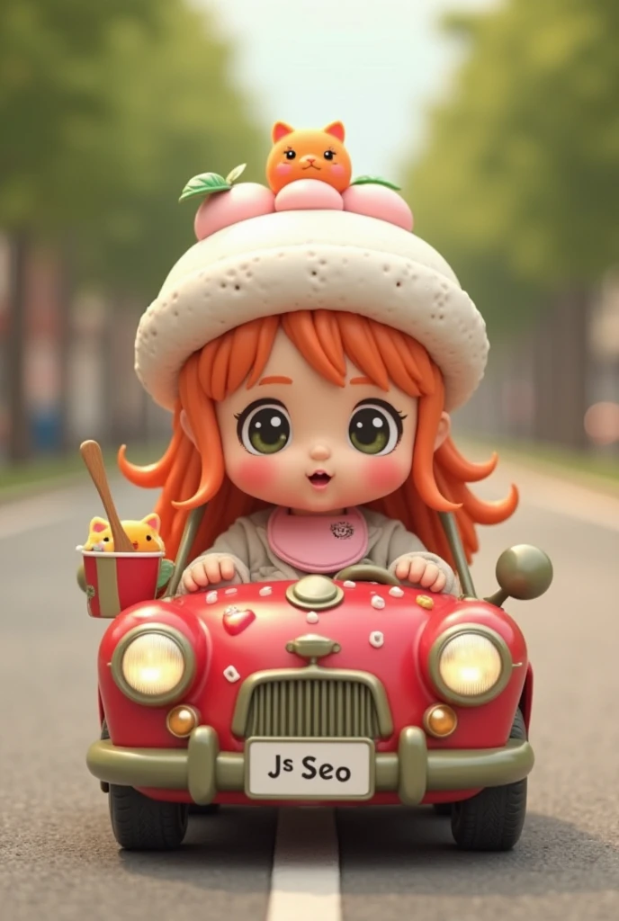 Create a 3D image of Ghibi, a cute little doll with long, wavy orange hair, wearing a white hat and pink bib, driving a car designed like strawberries and whipped cream on top, with a license plate reading 'Js Seo'. On the side of the car there is a small shelf with small apples placed on it, in front of the car there is a white round light and The wheels of the car are olive green. On the sides there is a small orange cat doll in a red cup, with a brown spoon placed next to it. The background is a blurred road between the green of the tree and the light brown.