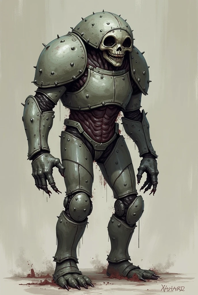 Make me a robot in a drawing type that is futuristic and very gore but in all drawing that is facing forward, very facing forward and in black