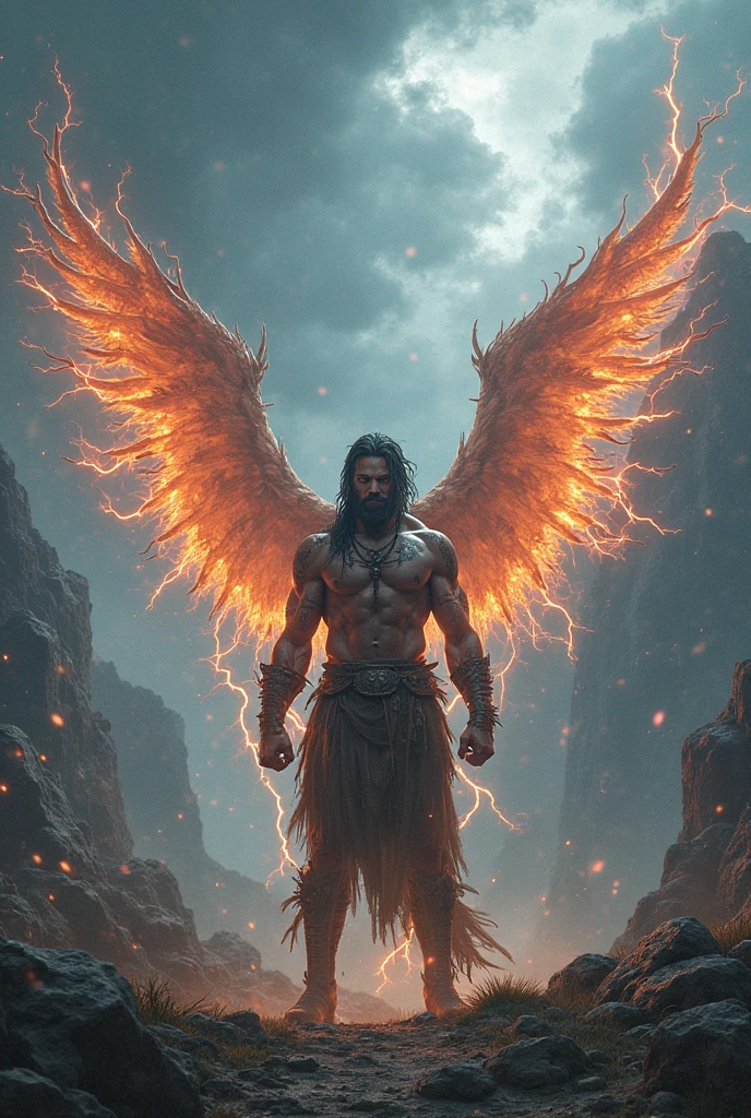 A handsome man with angelic style fire free pants, shirtless with white hair and wearing a kenner