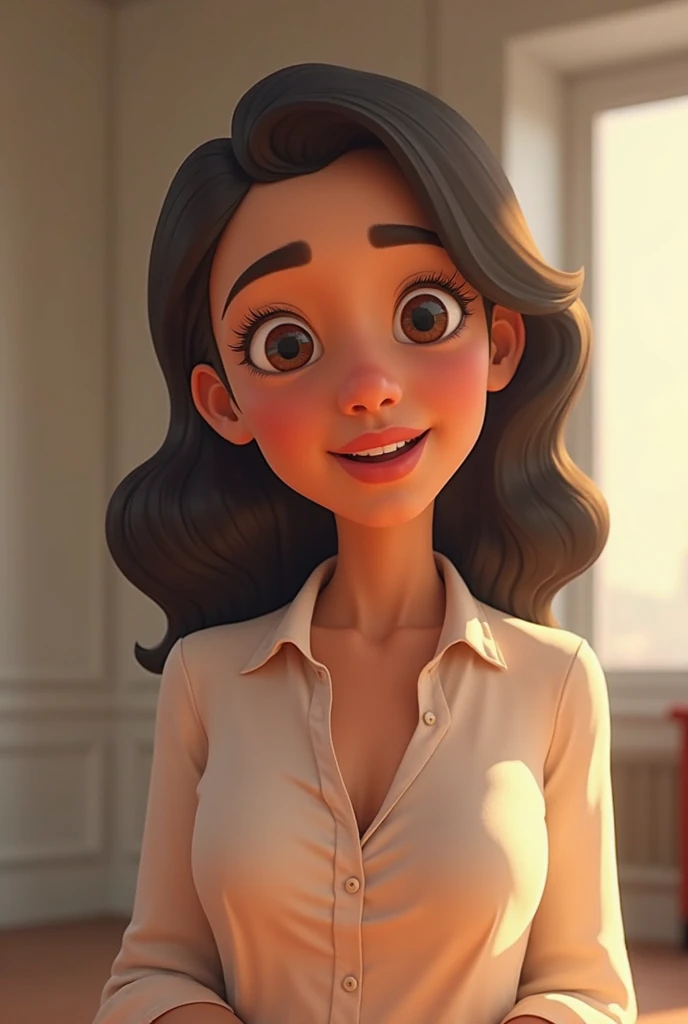 Cartoon character of a woman in a white shirt, with wavy hair and brown eyes, animation character, stylized character, animation style rendering, 3d stylized, Arnold Maya rendering, Stylized 3D rendering, toon render screenshot, 3d character, 3d character, Stylized 3D rendering, 3D character rendering, cartoon character, Personagem de close up, character posing,  (Pixar-style) (master part:1.2) (bokeh) (best qualityer) (skin detailed) (detailed texture) (8k) (Argilla) (cinematic lighting) (sharp focus