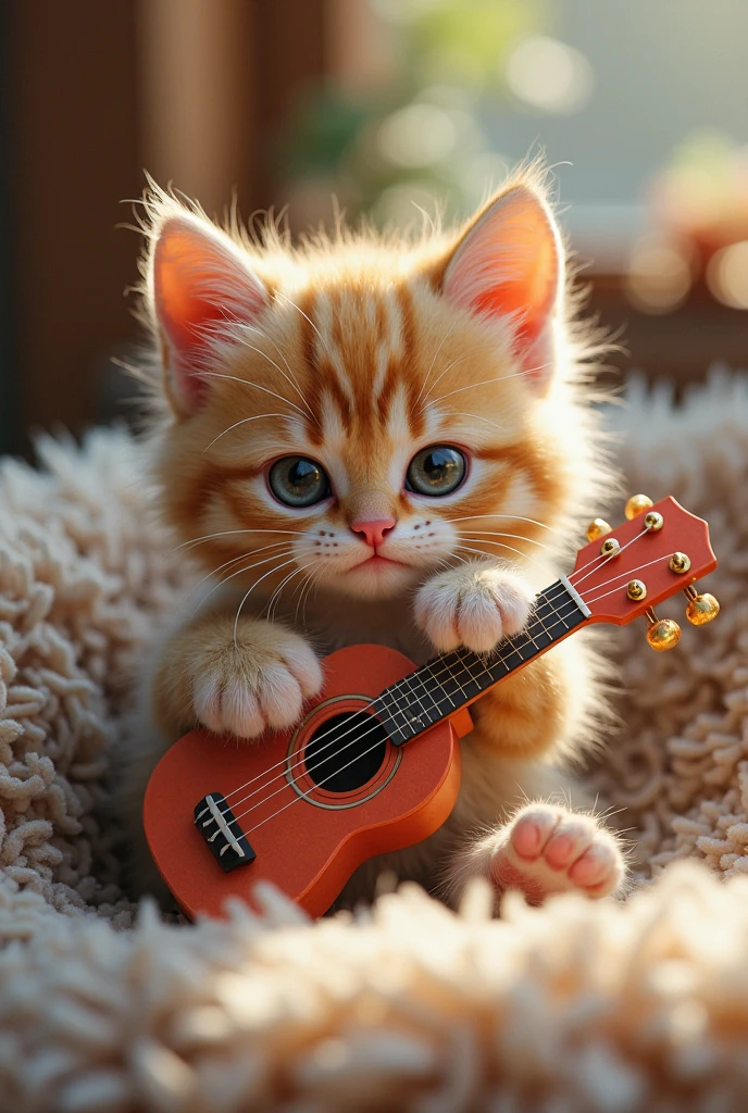 play the guitar。
Big cute eyes, human expression。A tiny kitten with a head slightly bigger than its body。
Wear a white suit。Shiny texture。
Colorful flower garden。
Rainbow in the sky。