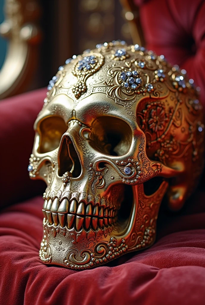 jeverly of satan, Gold leaf, rubies, diamonds, (ivory skulls:1.2), pentagram, black velvet background, ultra detailed, dramatic, intricate, elegant, highly detailed, artstation, smooth, sharp focus, octane render, Jewelry design