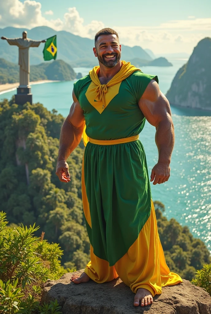 A towering, muscular man in a green waterproof tapas dances exuberantly on a platform over a vibrant fish-filled pond. His body glimmers with the reflection of small, scattered diamonds, and his smile is radiant as he moves in harmony with the rhythm of the water.