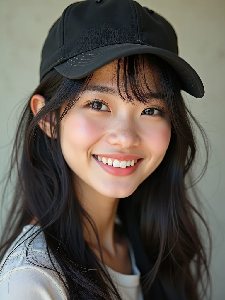 masterpiece,best quality,(Japanese ),((Beautiful girl)),cleavage,(perfect body beauty:1.2),(shy smile),beautiful teeth,(baseball cap),(Shibuya),