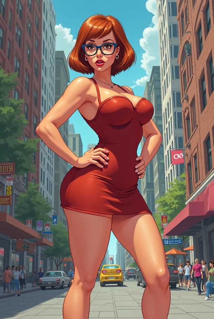 20 years old woman, Short brown hair, Mediterranean with blue eyes, Generous and heavy breasts, slender waist, estomac defini, fesses rebondies et pulpeuses, naturally curved, muscular thighs, aguicheuse, lunettes, air joyeux, red summer dress, heels, in a park