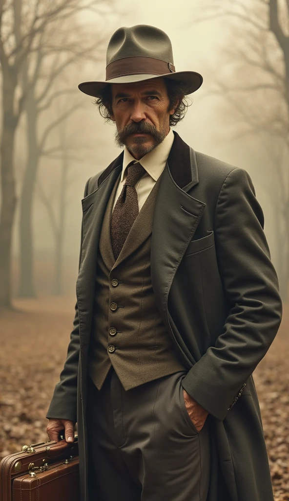 a gentleman wrear 19 century style jacket and long pan, sitting on a chair, wearing 19 century hat called top hat, His appearance was around 30 years old, and his mustache was slightly crooked on each side, Sitting in a standing position when taking photos from the front. His height is 5'6". 