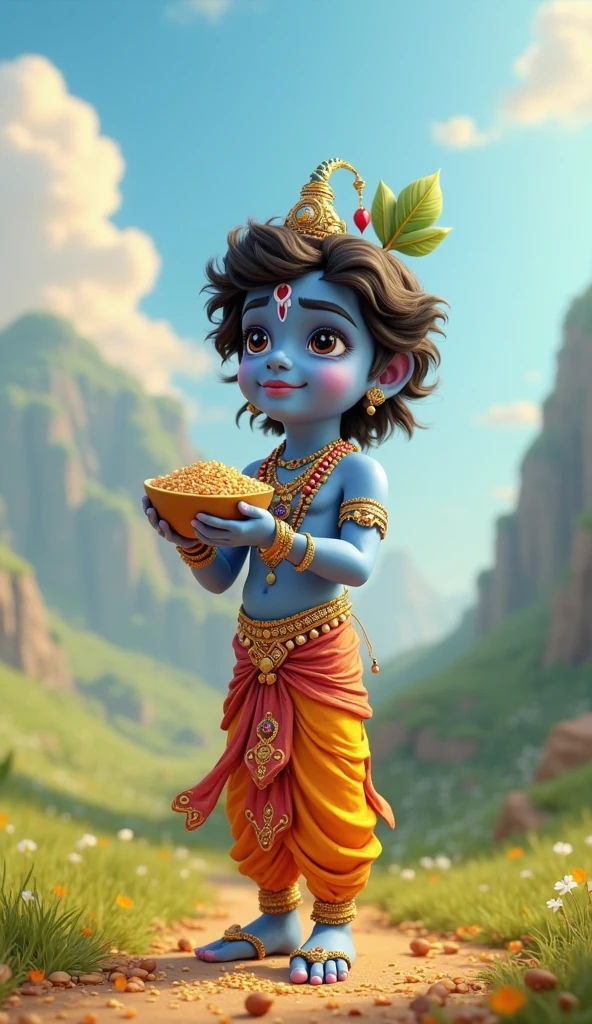Generate in cinematic 3d cartoon style कृष्ण जी चोरी कर कर खा रहे हैं माखन