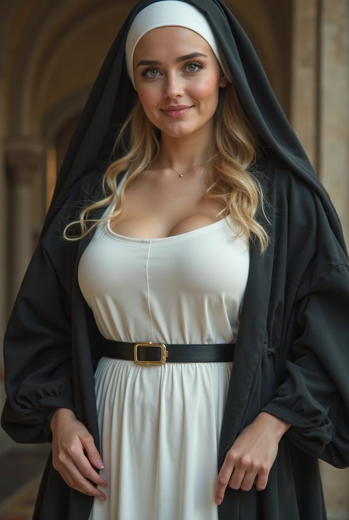 Mature Italian Woman、Blonde Hair、With bangs、blue eyes、smile、Nuns、Large saggy breasts、Sexy Body、Monastic uniform、At church