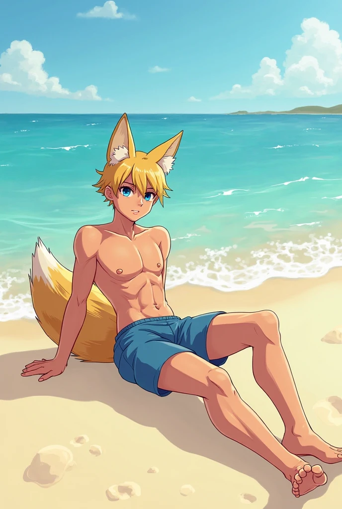((by Buta99, by Bebebebebe, by SpiritD, detailed anatomy, detailed eyes, detailed body, detailed face, best quality, high resolution)), Male, solo, young body, solo, Labrador dog, yellow furs body, orange eyes, yellow hair bangs, tail, skinny body, look at viewer, surprised, embarrassed, back pose, butt, on all fours, fishnet thong, bulge, on the beach 