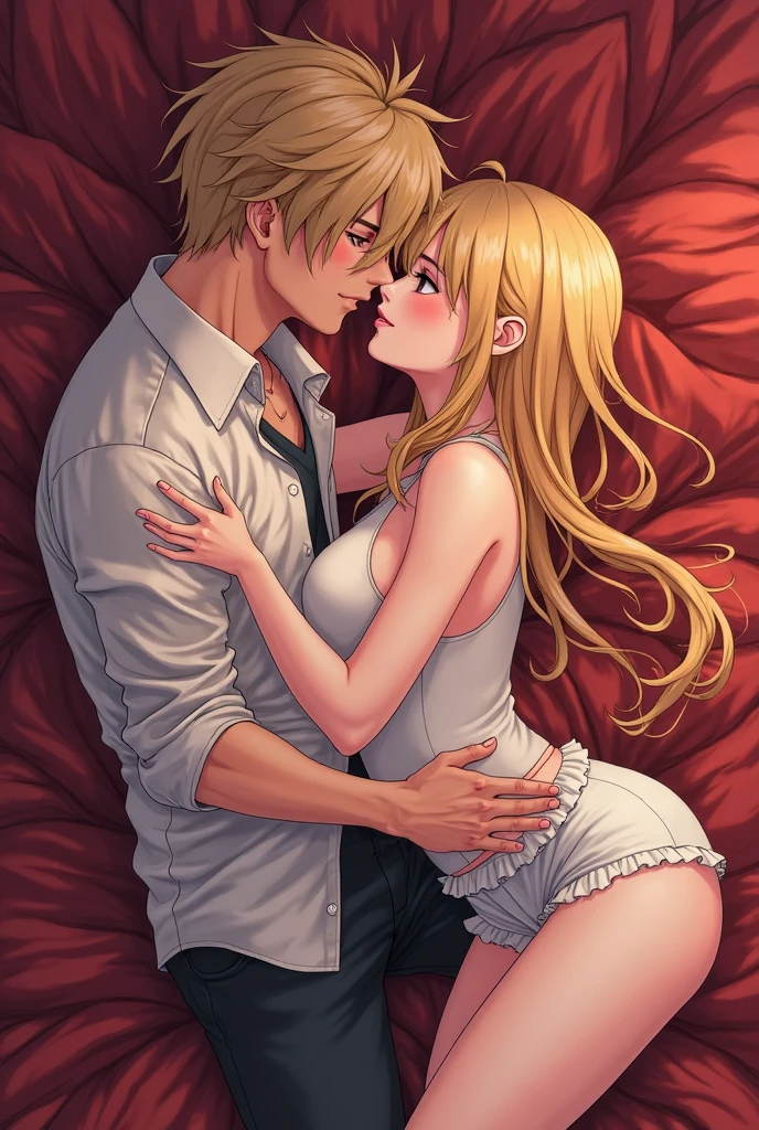 Beautiful 23 year old large blonde woman in lingerie, pubic hair, in a softly lit bedroom on a cozy bed and warm flowers, movement lines, sex with little 7 year old redheaded son in pajamas. small 7 year old boy inserts penis into woman's crotch, a little boy, Cute, passionate.