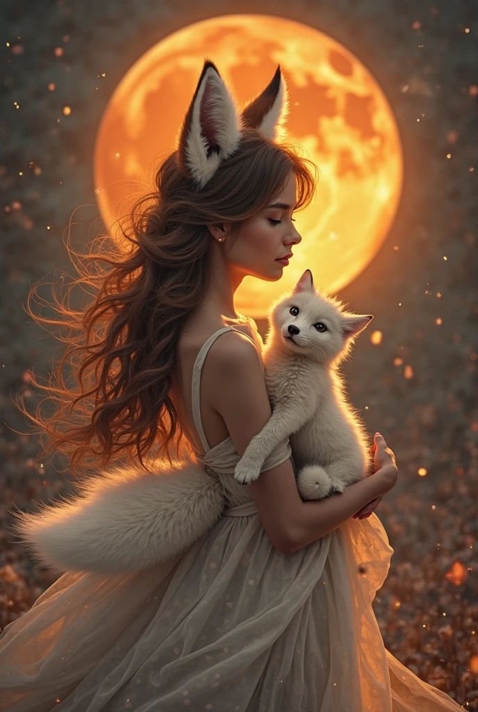 A woman with brownish red hair and big brown eyes singing on the moon with a persian cat