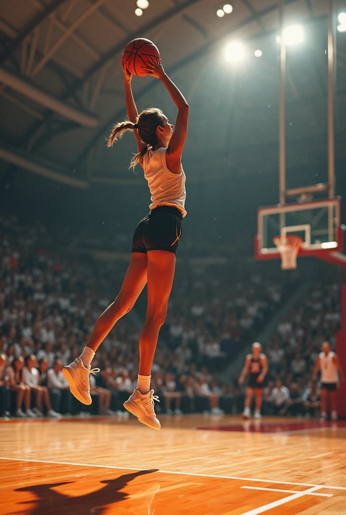 full body,from below,photo of a 18 year old girl,basketball player in a yellow shorts jumps in the air,holding a ball in her hand and shooting it towards the hoop,happy,laughing,ray tracing,detail shadow,shot on Fujifilm X-T4,85mm f1.2,depth of field,bokeh,motion blur,<lora:add_detail:1>,