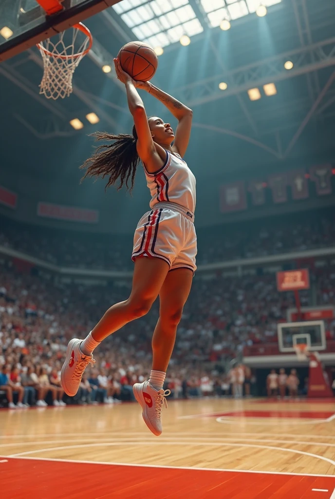 Arafed a sports capture picture of a beautiful ballet dancer (going into the air and dunking at basketball: 1.3) at a basketball game, an exotic beautiful ballet dancer, blond hair, long hair, dynamic eyes color, concentrated look, determined look, best detailed face, dynamic skin color, wearing ballet clothes and shoes, and dunking, ultra wide shot, photorealistic, vibrant, Ultra-high resolution, High Contrast, (masterpiece:1.5), highest quality, Best aesthetics), best details, best quality, highres, ultra wide angle, 16k, [ultra detailed], masterpiece, best quality, (extremely detailed),