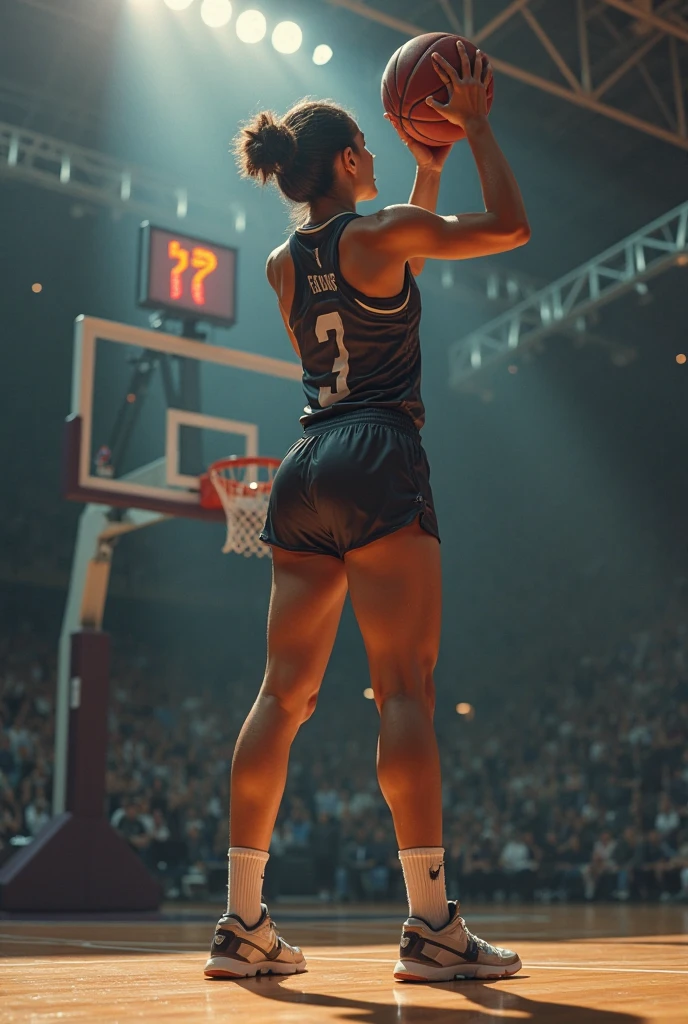 1girl, large, full breasts, small waist, big ass, ((full body)), athletic body, well distributed body, ((dark skin tone)), (white hair), short hair, muscles, light brown eyes, extremely detailed eyes, beautiful eyes, sweaty, tired, satisfied, ((side boobs basketball shirt)), ((clawed micro shorts)) , necklace, basketball court, (masterpiece, best quality, high resolution, ultra detailed), night, depth of field, low angle, bottom view, rear view, (incredibly detailed and expressive image)