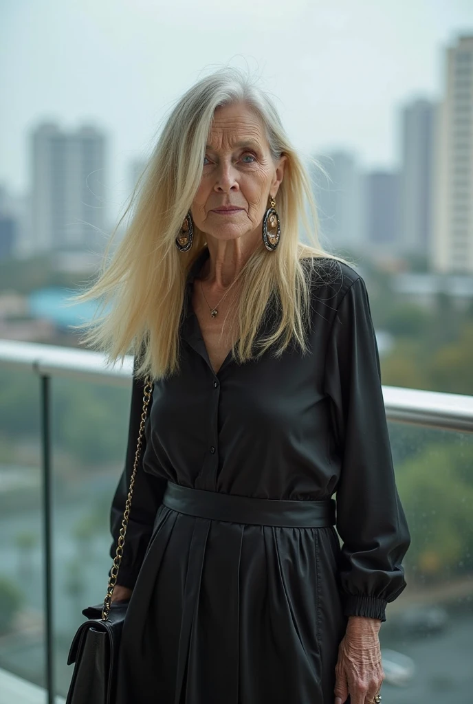 vintage photography of an old woman as a ((neural network ninja)) with ((undercut hair)) Wearing 80s retro,marked by neon colors,shoulder pads,and oversized tops.,dressed in black dress,sleeveless top,plunging neckline,white cross necklace,textured handbag,silver bracelet,skyscrapers,palm trees,clear sky,balcony railing,facing camera,slight tilt head,one hand raised,indoors