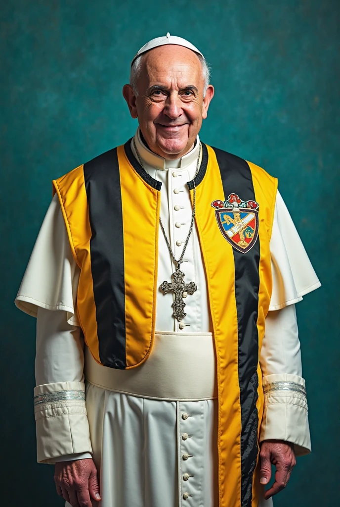 A photo of the pope, wearing a Jean jacket, Nike shoes, in a city, holding an epée