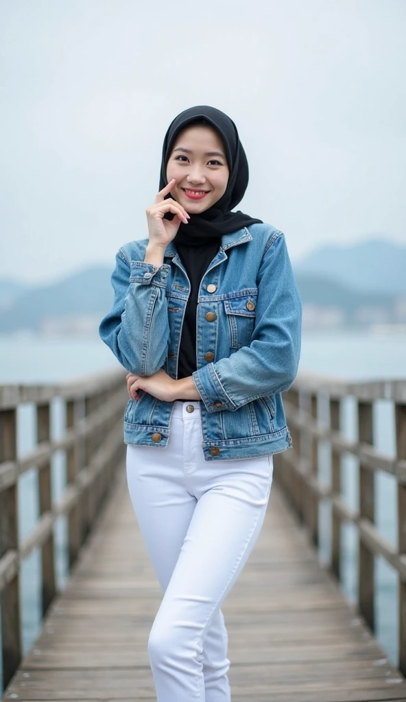 shy stance, smiling, very shy, (realistic photos of Hijab Korean female, slightly smile,expressive eyes,eye makeup,lake background,standing posture,confident attitude,Eye-Level Shot, slightly blurry background,UHD,masterpiece:1.2,highres,16k), long Jeans, black, fluffy jacket