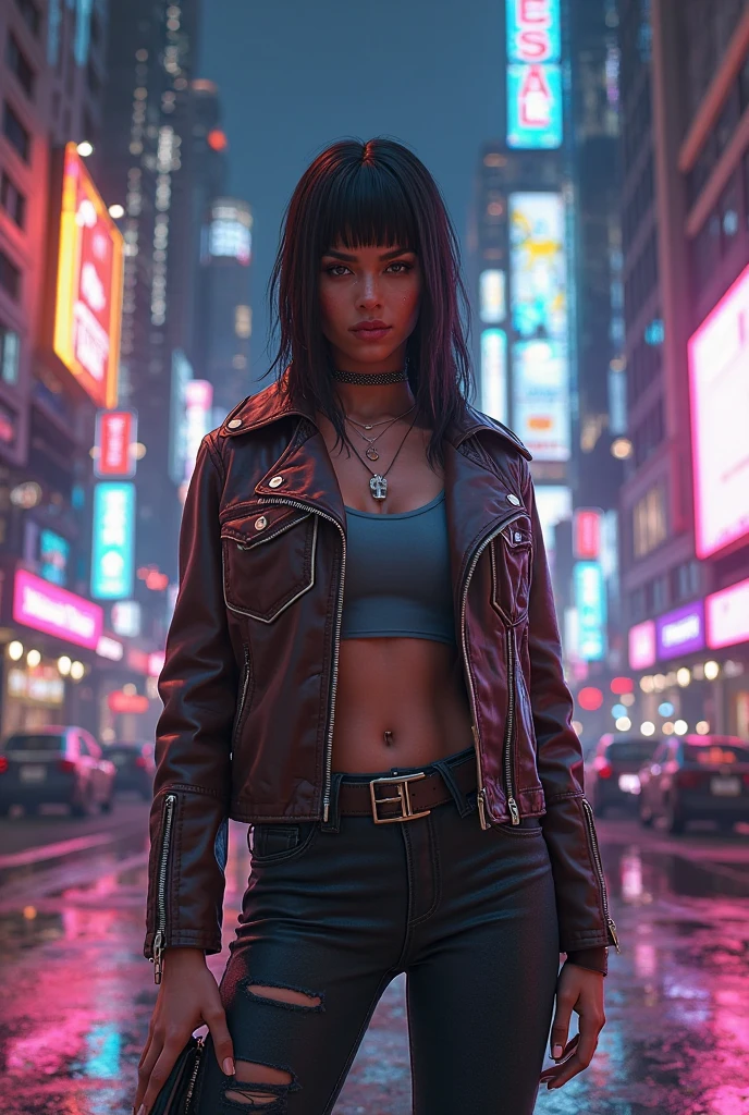 Portrait of Emb-Hayes, Beautiful face, In Cyberpunk City at night. She wears an open leather jacket,Lingerie, black jeans, dramatic lighting, (Police badge:1.2).